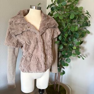 Melody Faux Fur Knit Sleeve Jacket Brown‎ Ruffled Collar S/M Made in Korea